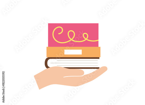 Hand holding a stack of study books, the student recommends literature to read, including academic textbooks and fiction stories and novels on the palm, depicted as a flat vector illustration