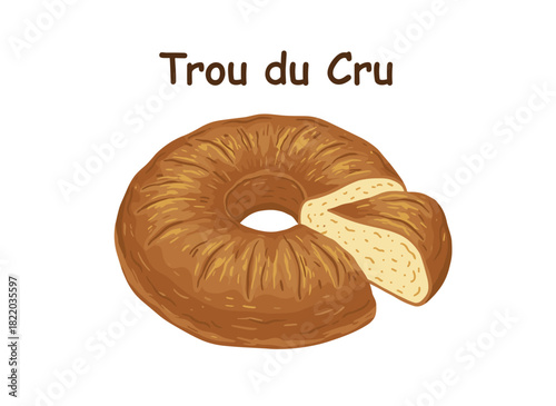 Delicious French creamy soft cheese, a gourmet Trou du Cru with an orange rind, cut into a triangular piece, illustrated as a colored flat vector of straw‑flavored delicatessen on a white background