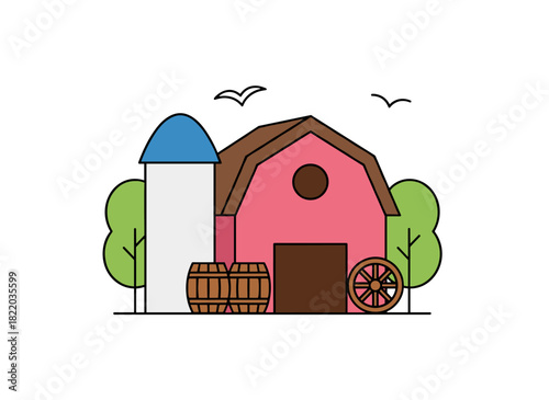 A flat vector illustration of a farm barn and agricultural buildings, including a hangar, storage shed, silo tower, and a rural country scene with a barnyard and hay, set against a white background
