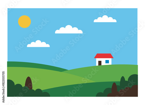 A horizontal banner featuring a stunning riverside scene with a river, bushes or shrubs, a house or cottage perched on a hill beneath a clear sky, rendered as a polygonal vector illustration