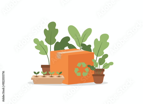 Eco-friendly paper bags, packs, and green leaf plants and flowers