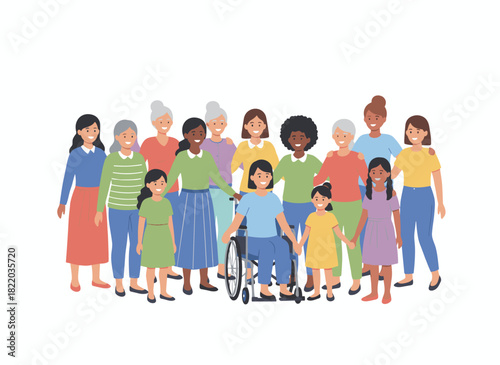 Illustration of a cheerful, diverse group of women from multiple nationalities standing together, depicted in flat vector style on a white background, featuring smiling adults and young ladies