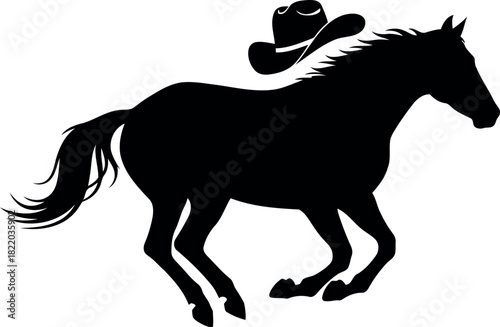 Silhouette horse galloping with cowboy hat