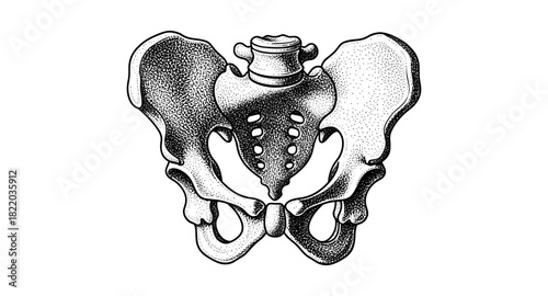 Detailed anatomical drawing of human pelvis in vintage stipple style