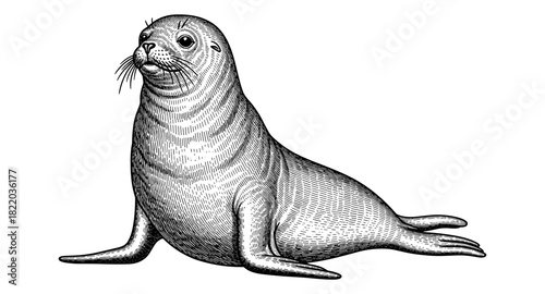 Detailed black and white engraving of a seal sitting on white background