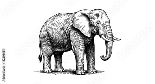 Intricate hand drawn elephant in classic ink style on white background