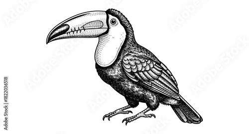Detailed hand drawn toucan on white background