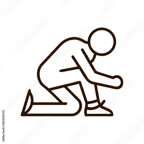 Man tying running shoes while kneeling on ground concept of icon  