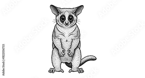Cute ringtail lemur illustration in monochrome engraving style