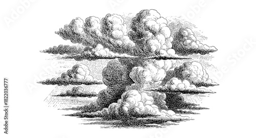 Intricate vintage etching of dramatic cloud formation in detailed black and white