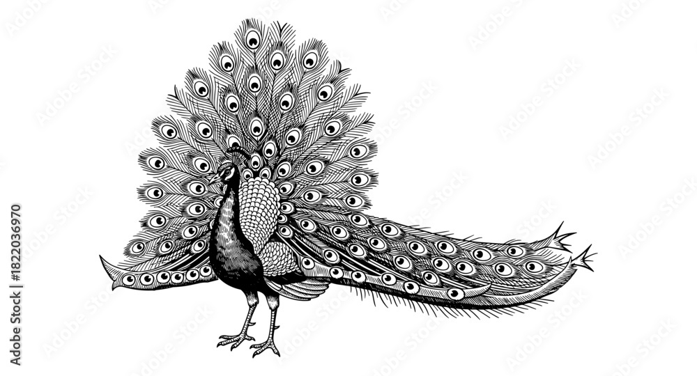 Obraz premium Intricate monochrome peacock with detailed feather pattern in engraving style