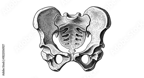 Detailed anatomical pelvis in vintage engraving style for medical study