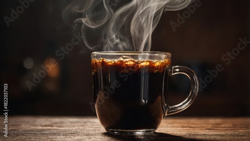 Steaming hot black coffee in a clear glass mug on a wooden table
