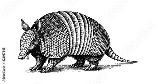 Intricate armadillo in detailed line art style inked black and white