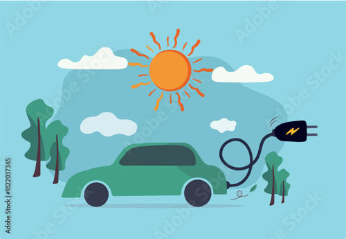 EV, Electric car clean energy environment friendly or hi technology using reusable solar power to fuel battery car concept, Electric car with power cable and electric plug with nature tree and sun