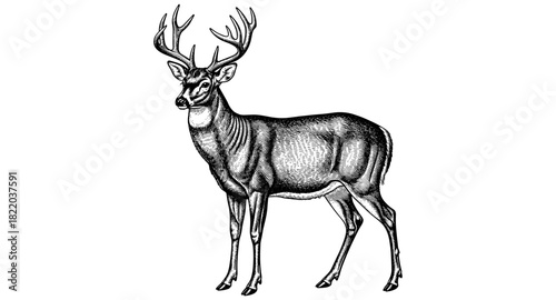 Intricate hand drawn deer with detailed antlers in vintage style