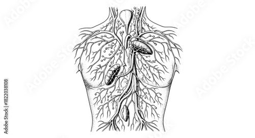 Detailed anatomical drawing of human lymphatic system in medical poster style