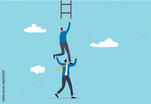 Support or mentor to achieve business success, teamwork collaboration or partnership help to reach target concept, businessman coworker support his colleague reaching to climb ladder of success