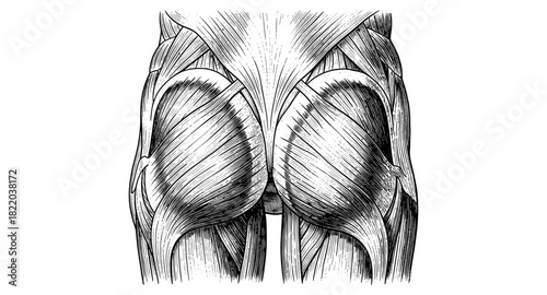 Anatomical drawing of human gluteal and leg muscles in vintage style