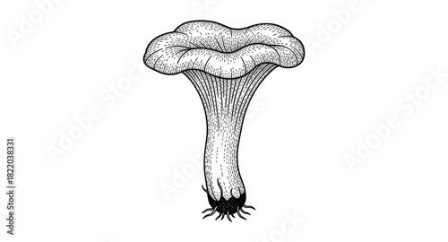 Intricate black and white mushroom drawing with detailed line art