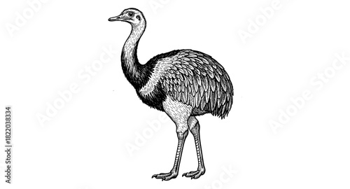 Detailed ink drawing of a standing ostrich in black and white