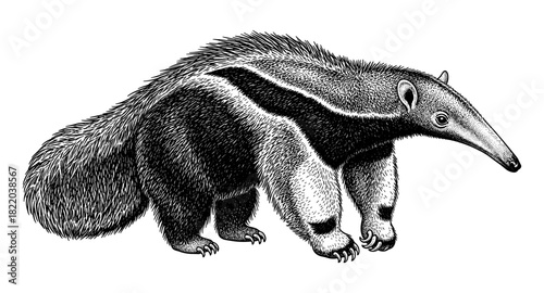 Detailed monochrome anteater in vintage engraving style