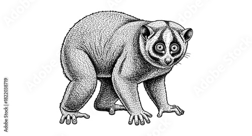 Detailed hand-drawn slow loris with intricate fur texture on white background