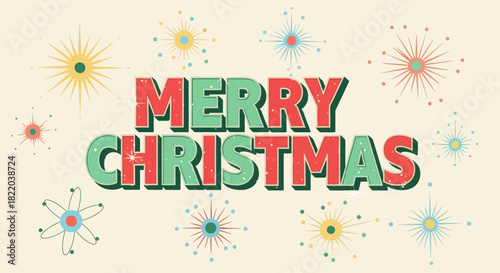 Retro Merry Christmas with vibrant starbursts perfect for holiday cards, invitations, and festive designs with a nostalgic charm and joyous spirit