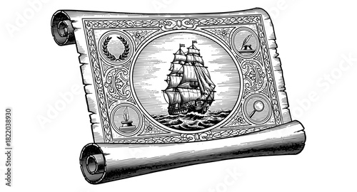 Vintage sailing ship on antique scroll with nautical emblems and ornate details