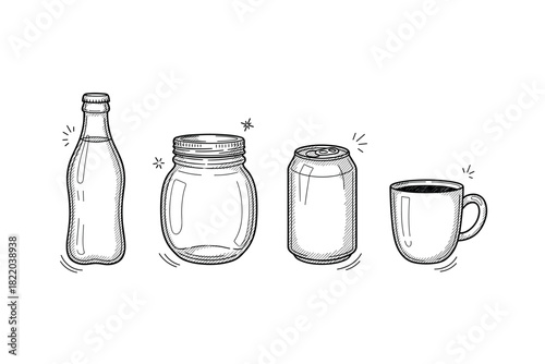 Hand-drawn beverage containers: bottle, jar, can, mug line art