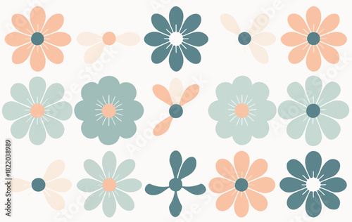 A collection of stylized retro flowers and daisy icons in a muted pastel color palette, a groovy 70s style vector graphic set isolated on a white background