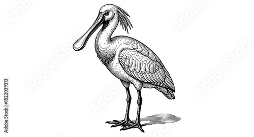 Detailed black and white engraving of a roseate spoonbill bird in profile view