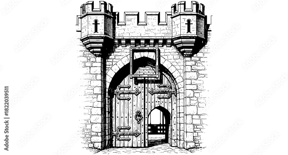 Fototapeta premium Medieval castle gate with towers in detailed line art style