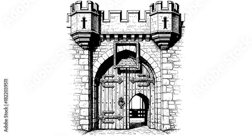 Medieval castle gate with towers in detailed line art style