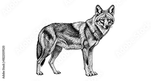 Detailed black and white sketch of a standing coyote in profile view