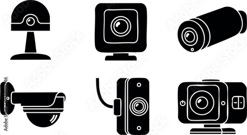Security camera icons vector illustration set black silhouette style different types and models for surveillance and monitoring