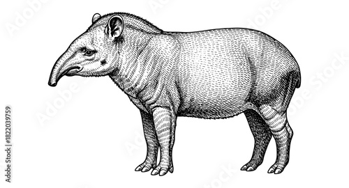 Detailed hand-drawn tapir illustration in vintage style