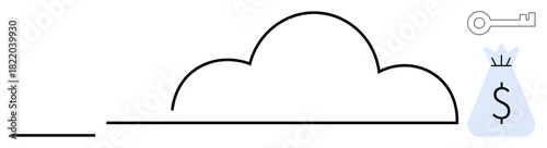 Cloud graphic with a key and a money bag representing secure online storage, financial safety, and digital assets. Ideal for data security, fintech, cloud storage, online finance, cybersecurity