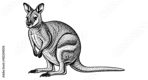 Detailed hand-drawn kangaroo sketch with black and white pen technique