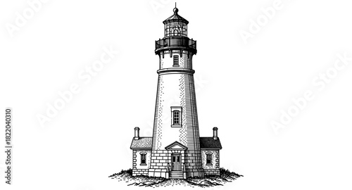Historic lighthouse with detailed architectural design in black and white