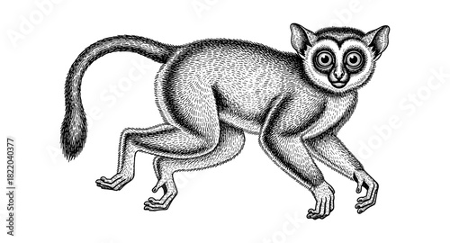 Intricate hand-drawn lemur with expressive eyes and detailed fur texture