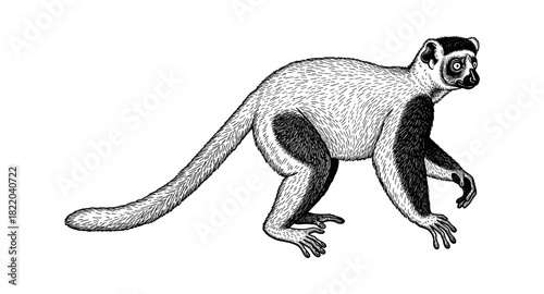Detailed black and white lemur sketch with intricate texture