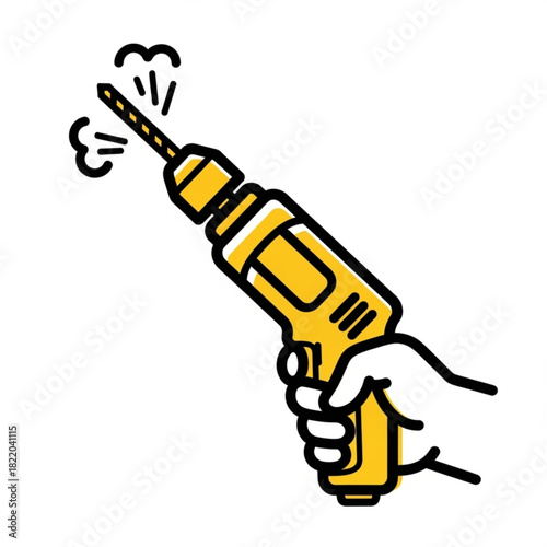 Hand holding a yellow drill with a bit drilling and dust isolated on white background