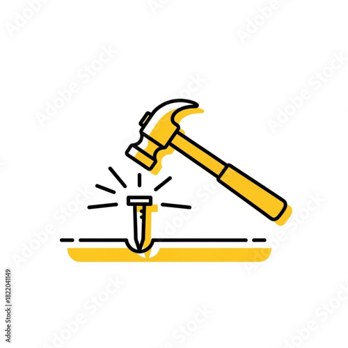 Hammer hitting a nail into wood isolated on white background