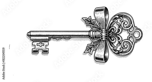 Vintage ornate key with bow and leaves in engraved style