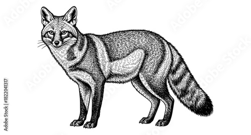 Intricate engraved fox with detailed fur patterns and bushy tail in retro style