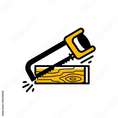 Stylized illustration of a hand saw cutting a wooden plank isolated on white background