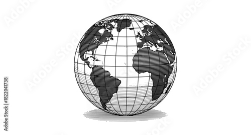 Monochrome globe with continent details in line art style