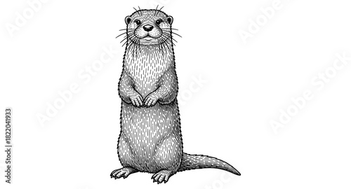 Detailed black and white drawing of a standing otter with intricate fur patterns