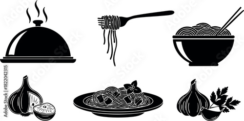 Spaghetti pasta with garlic herbs and steaming food cover vector illustration set